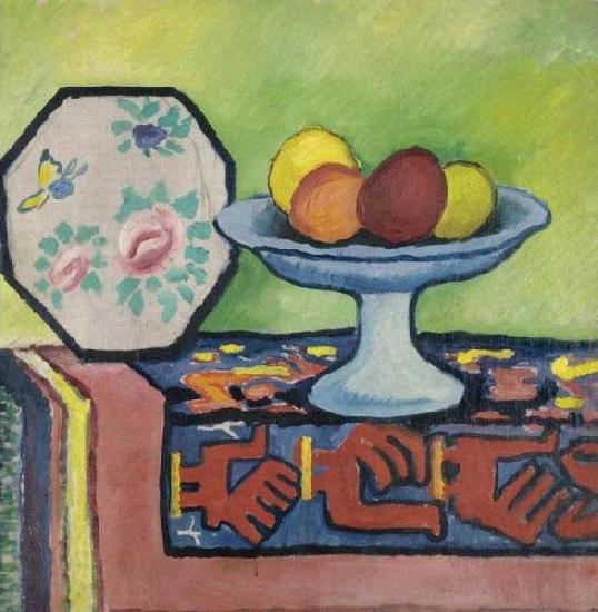 August Macke Still-life with bowl of apples and japanese fan oil painting picture